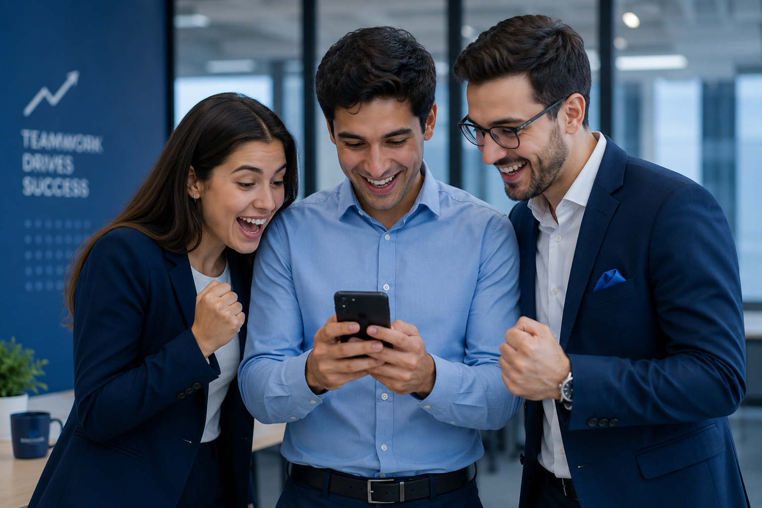 Three young professionals looking at a smartphone together
